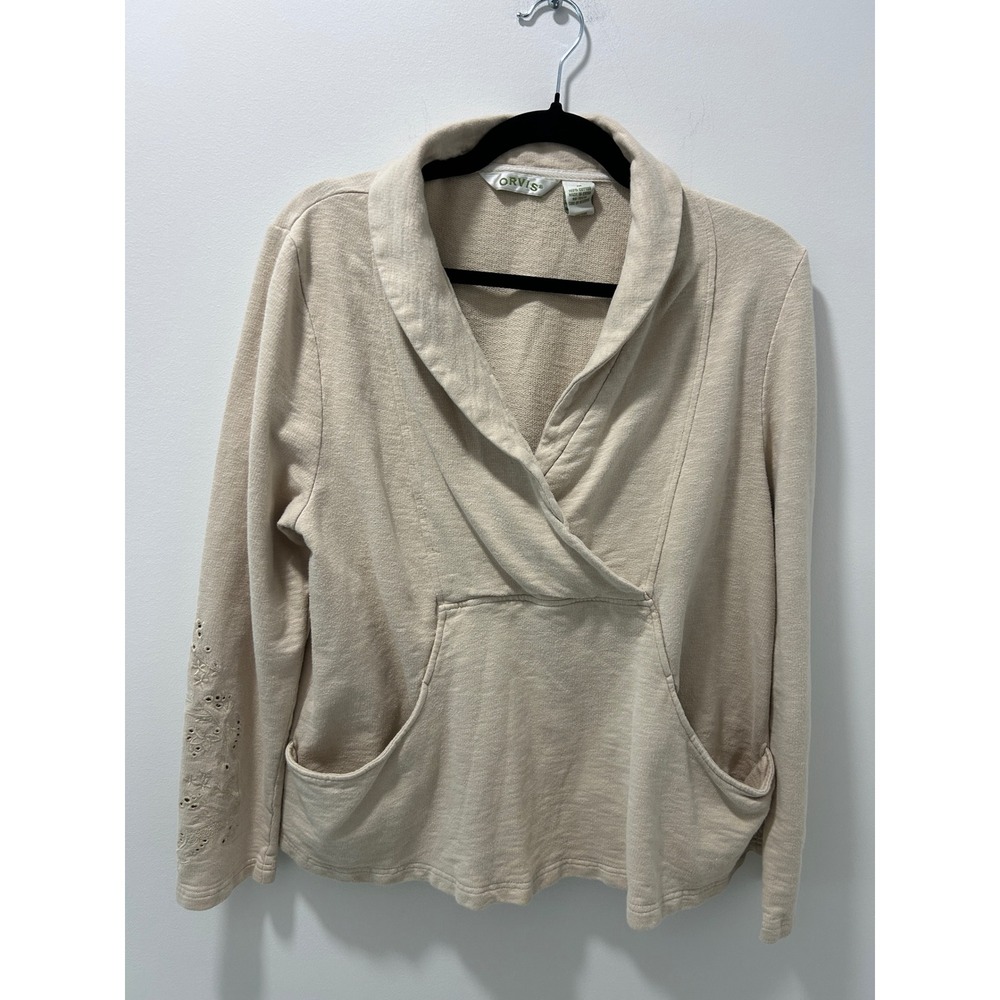 Orvis Womens Beige Cotton Eyelet Embroidered Sleeve Shawl Neck Sweatshirt Medium